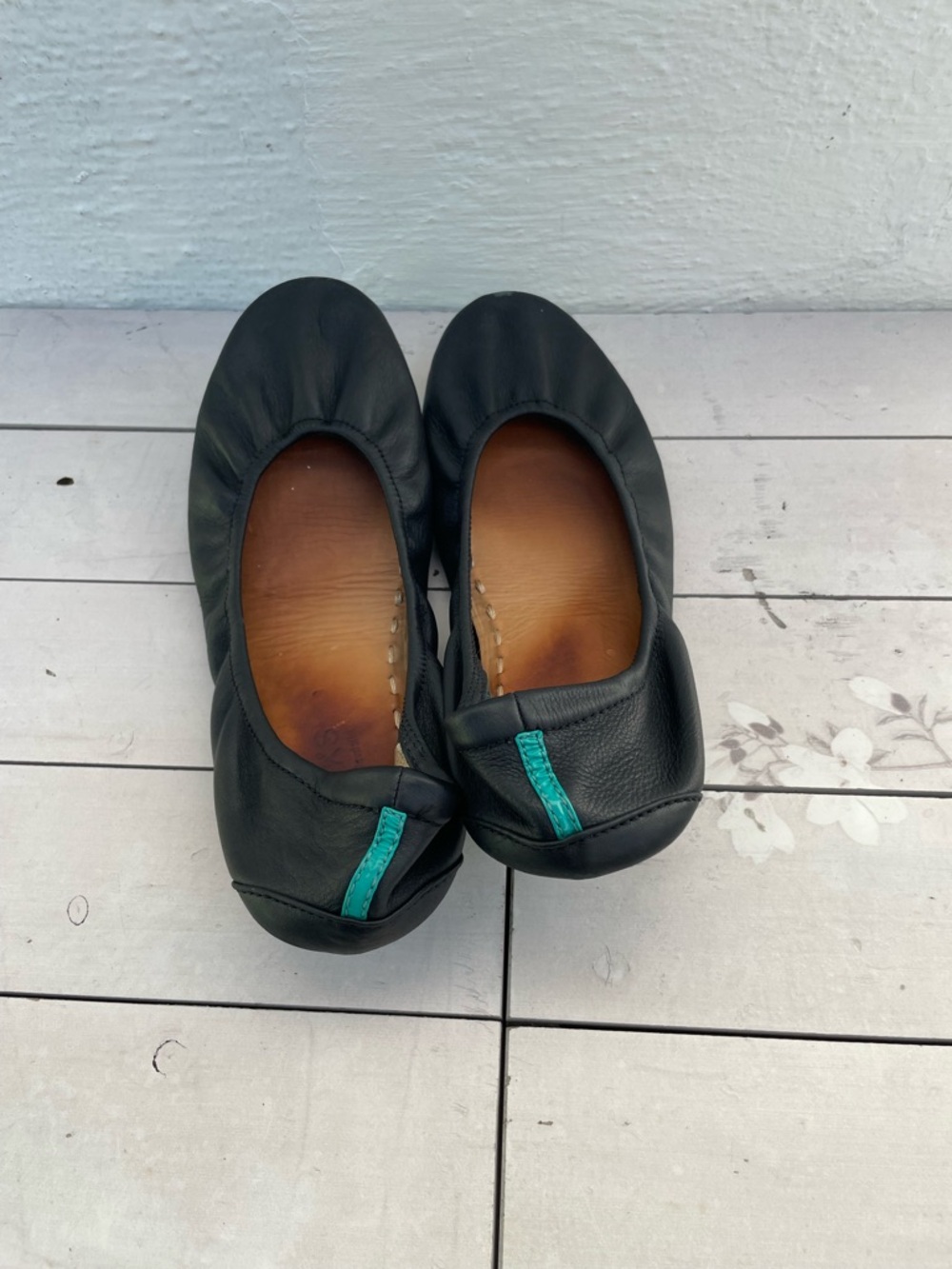 Tieks Black Leather Ballet Flats with Teal Tab - Picture 2 of 8